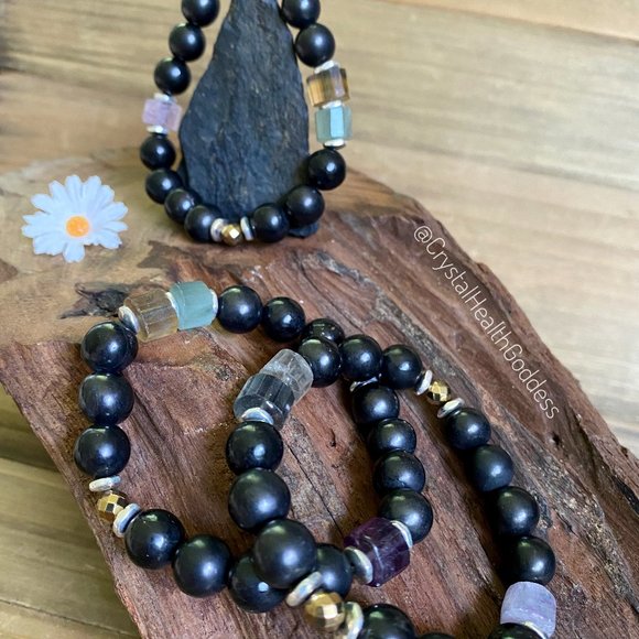 Shungite Fluorite Golden Pyrite Bracelet - Picture 2 of 9